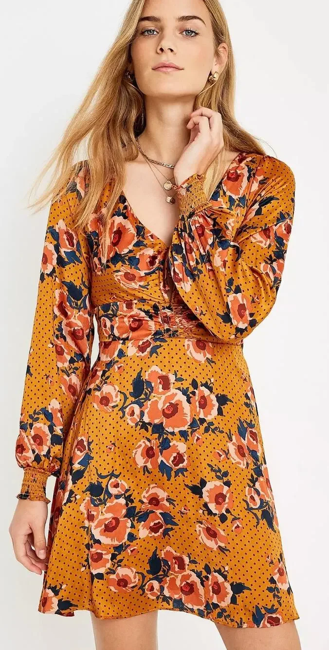 Free People Morning Light Floral Mini Dress in Yellow Gold Orange Womens Size 6